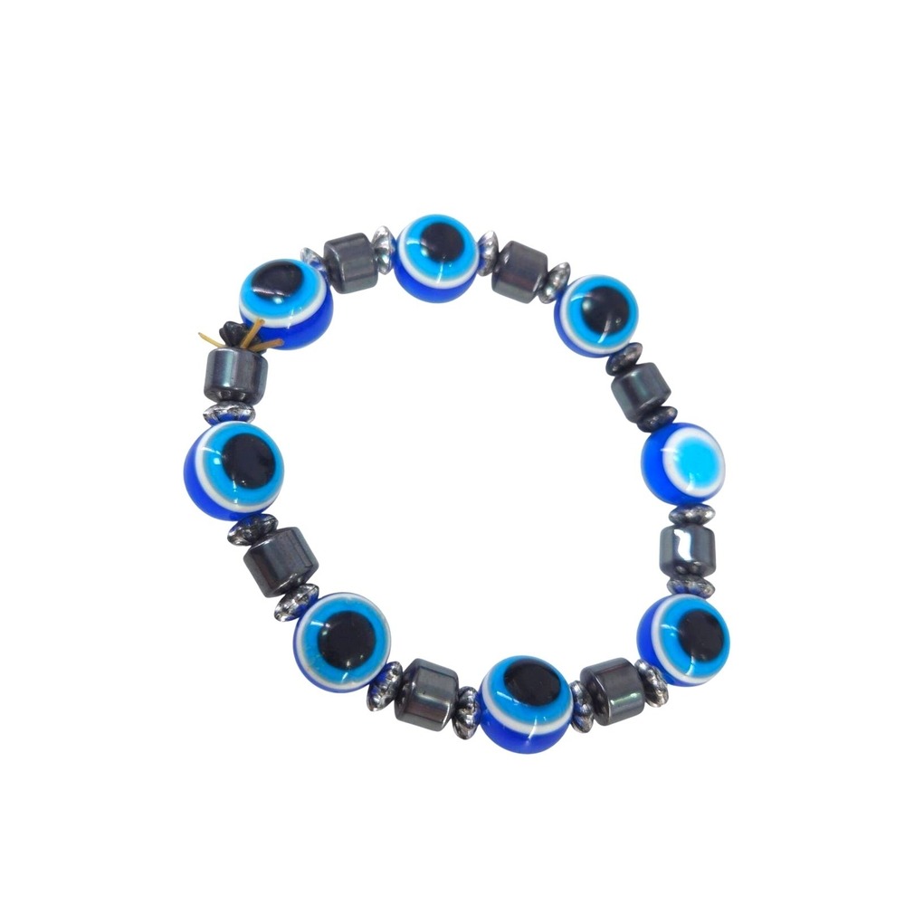 Vtg Blue Glass Evil Eye Protection‎ Bracelet Hematite Beads Stretch Unisex Nazar